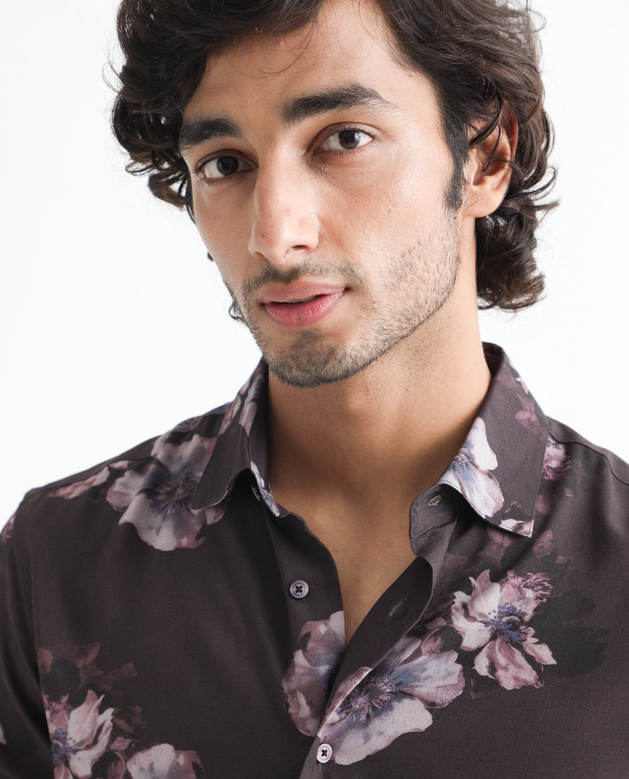 Rare Rabbit Men's Muds Brown Viscose Floral Print Regular Fit Full Sleeve Spread Collar Shirt