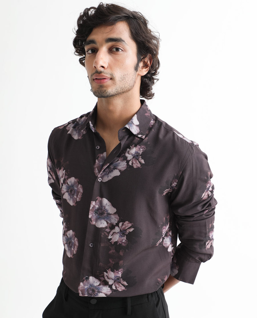 Rare Rabbit Men's Muds Brown Viscose Floral Print Regular Fit Full Sleeve Spread Collar Shirt