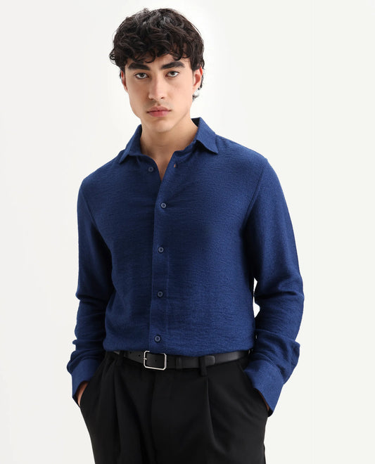 Rare Rabbit Men's Mulfir Blue Viscose Blend Fabric Collared Neck Regular Fit Plain Shirt
