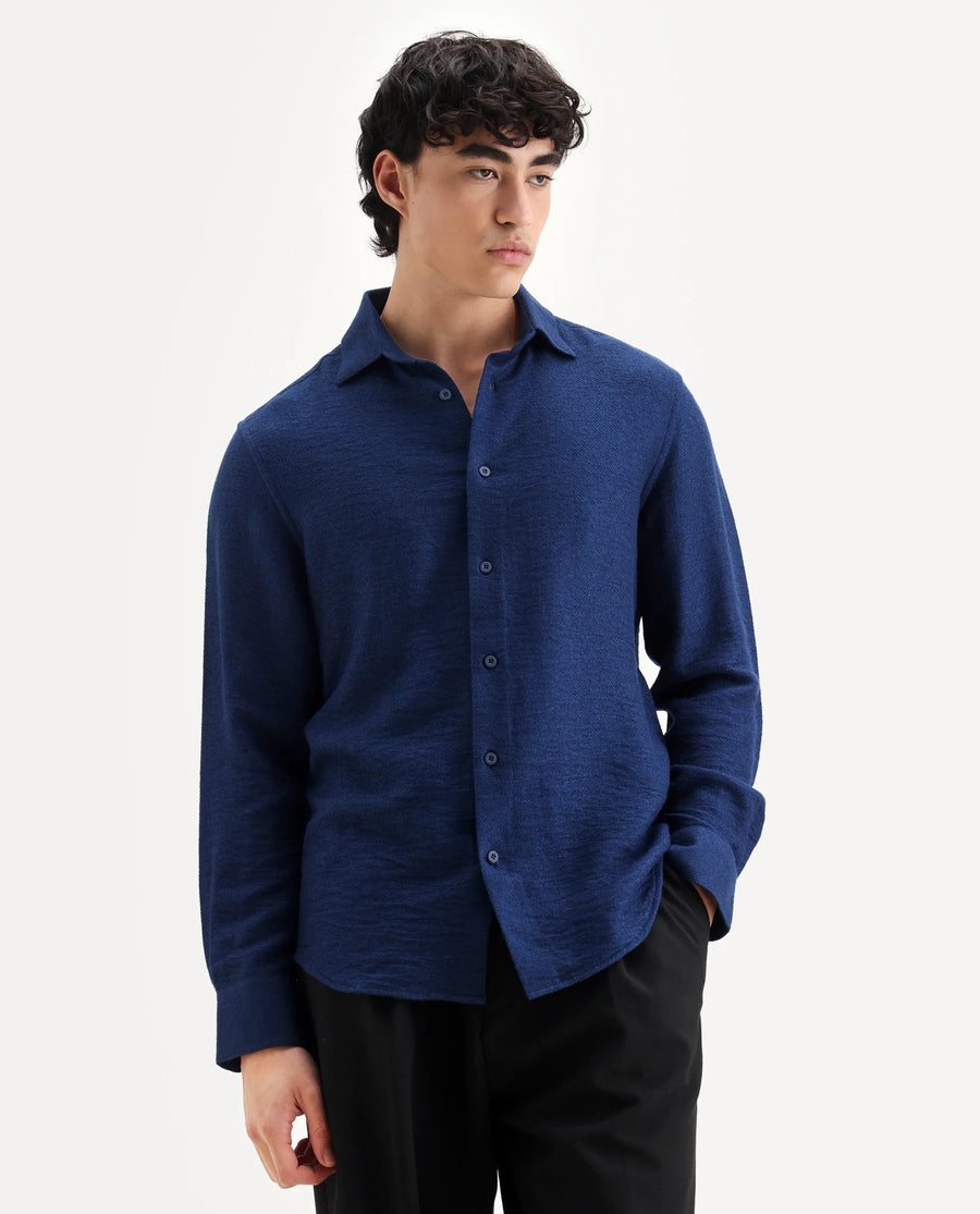 Rare Rabbit Men's Mulfir Blue Viscose Blend Fabric Collared Neck Regular Fit Plain Shirt