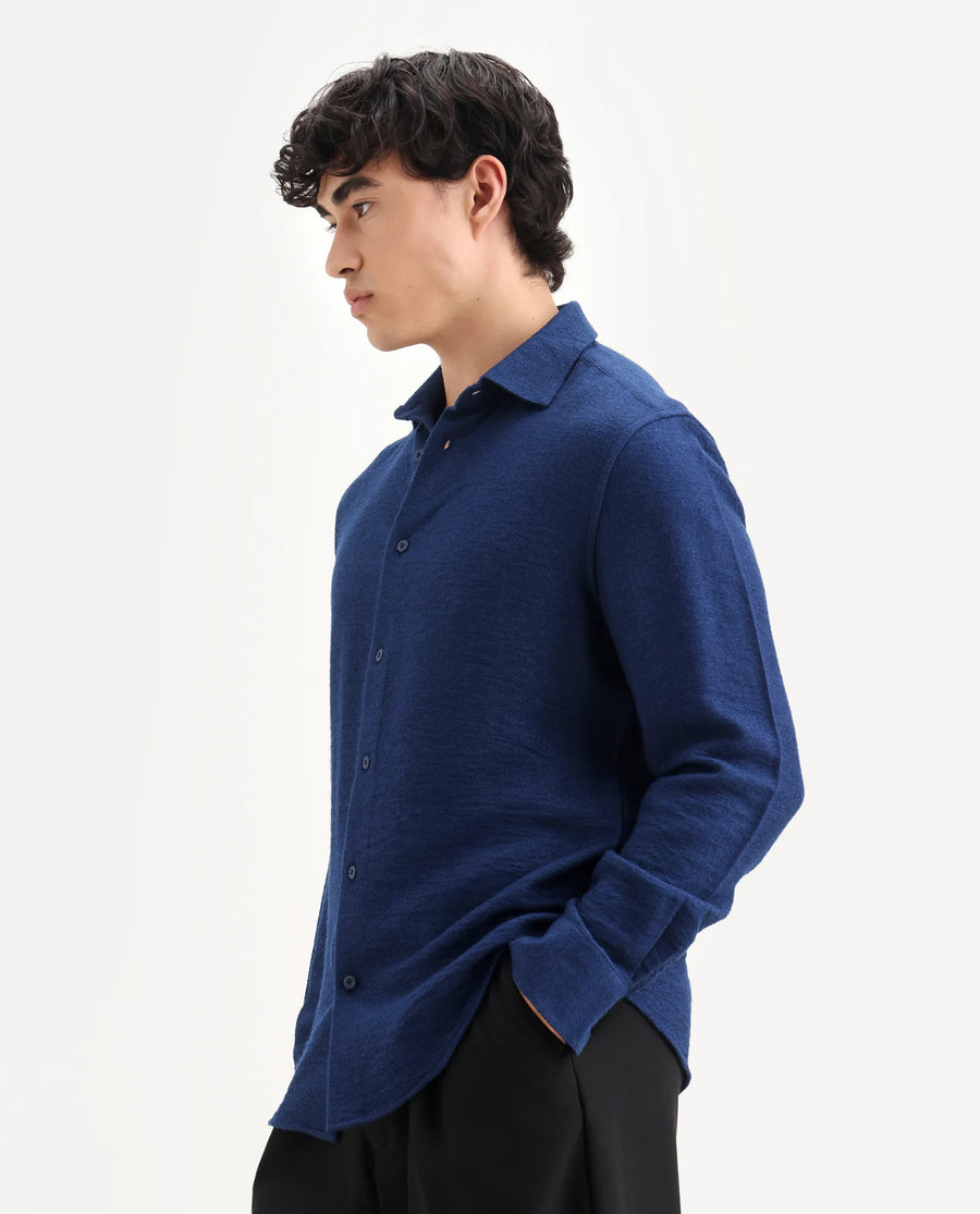 Rare Rabbit Men's Mulfir Blue Viscose Blend Fabric Collared Neck Regular Fit Plain Shirt
