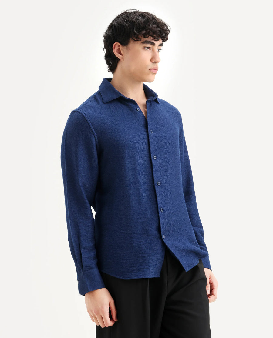 Rare Rabbit Men's Mulfir Blue Viscose Blend Fabric Collared Neck Regular Fit Plain Shirt