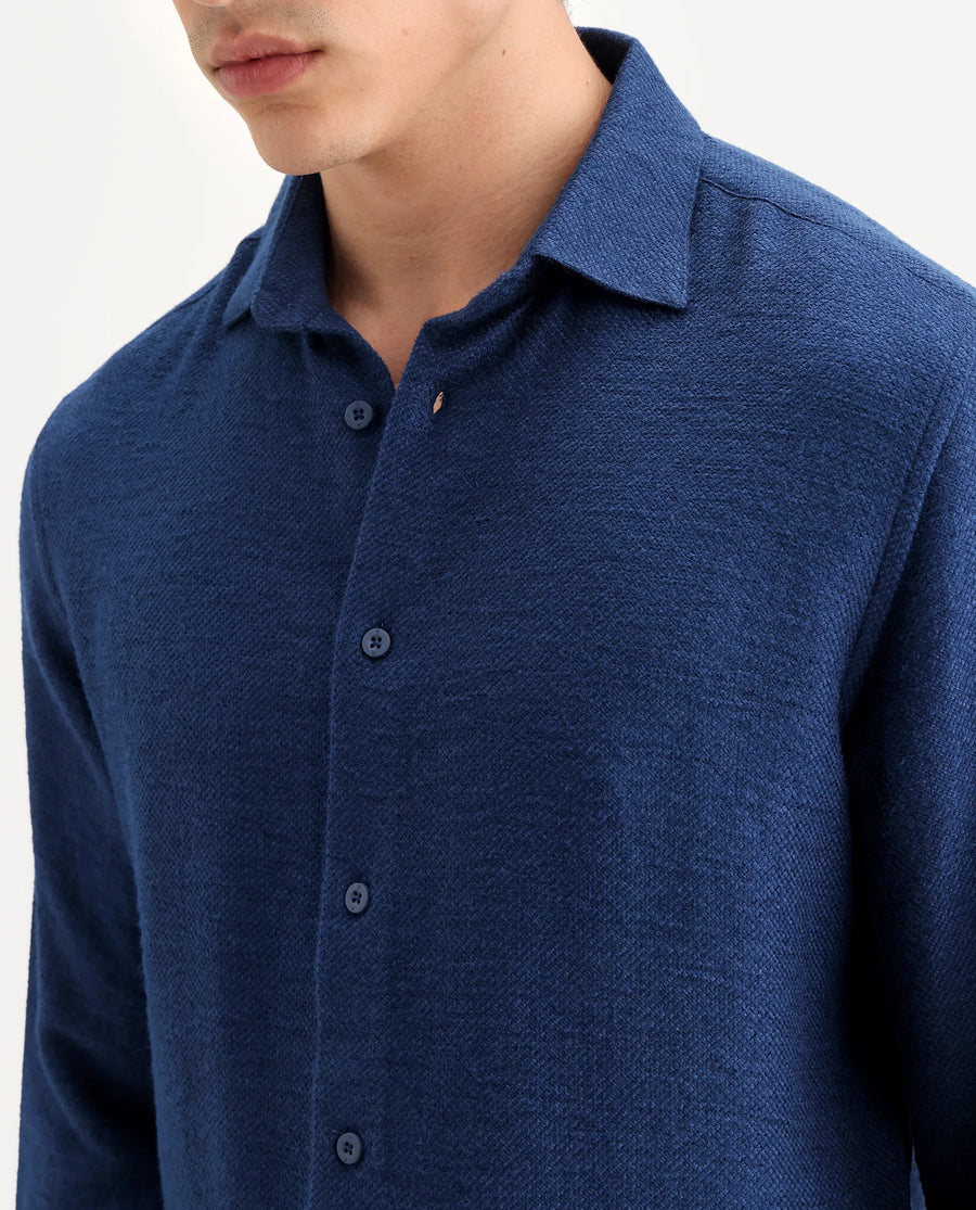 Rare Rabbit Men's Mulfir Blue Viscose Blend Fabric Collared Neck Regular Fit Plain Shirt