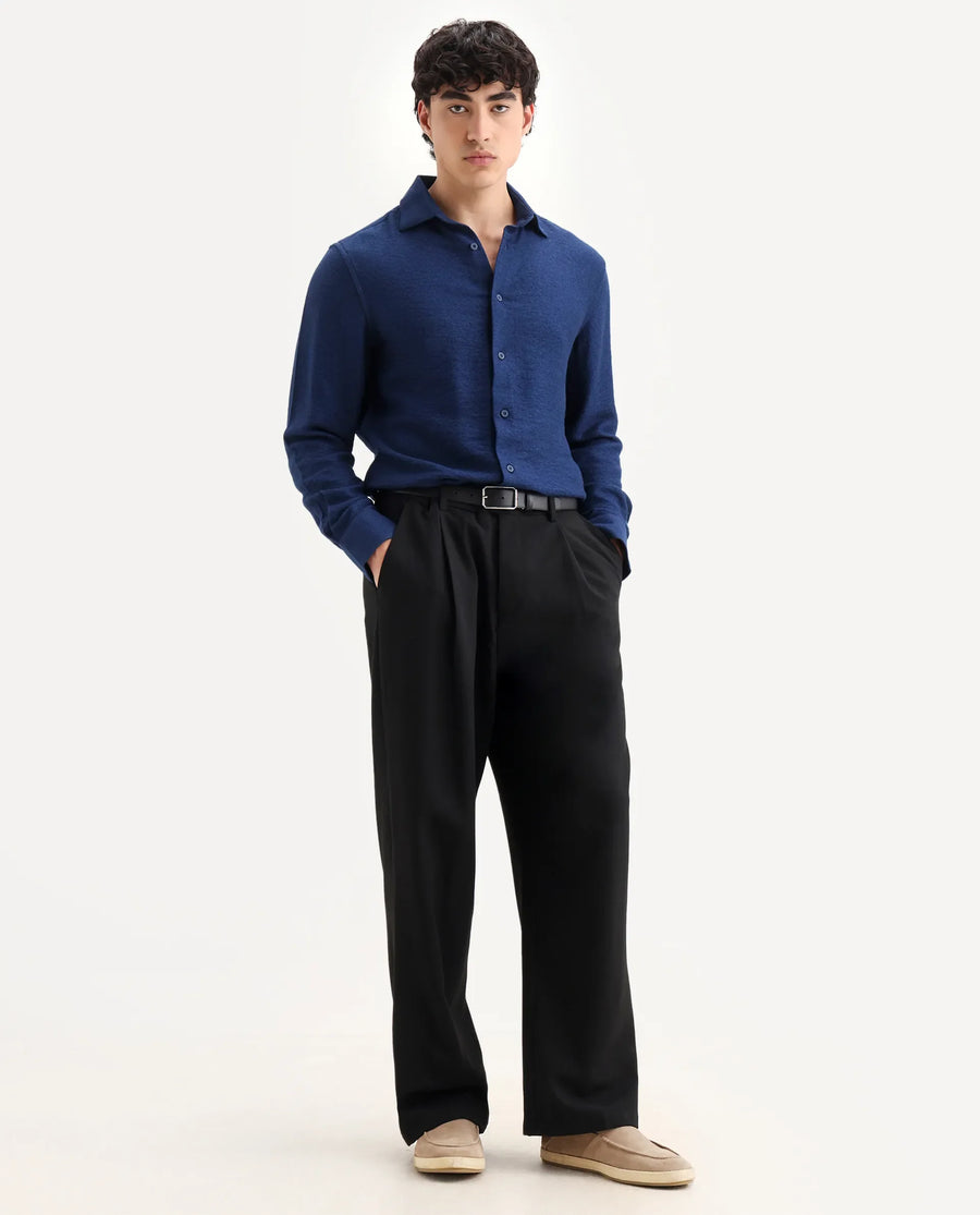 Rare Rabbit Men's Mulfir Blue Viscose Blend Fabric Collared Neck Regular Fit Plain Shirt