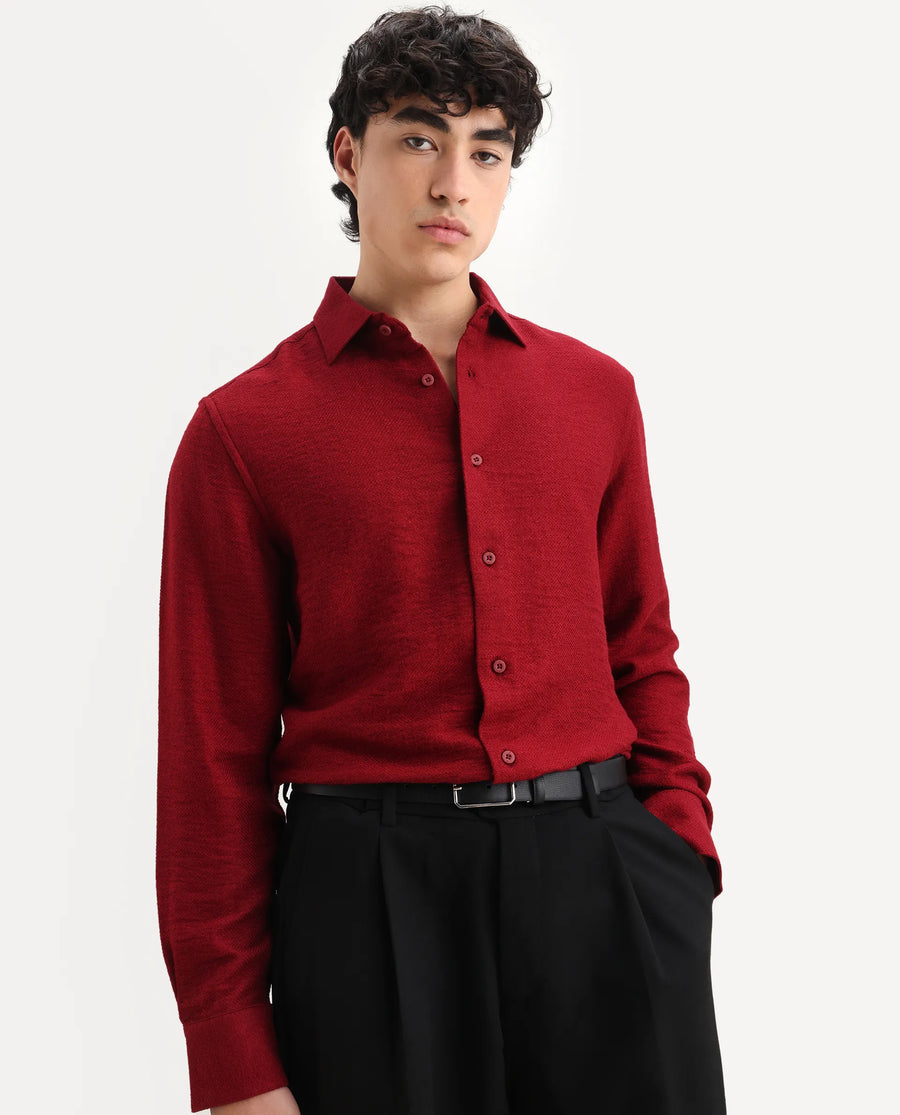 Rare Rabbit Men's Mulfir Red Viscose Blend Fabric Collared Neck Regular Fit Plain Shirt