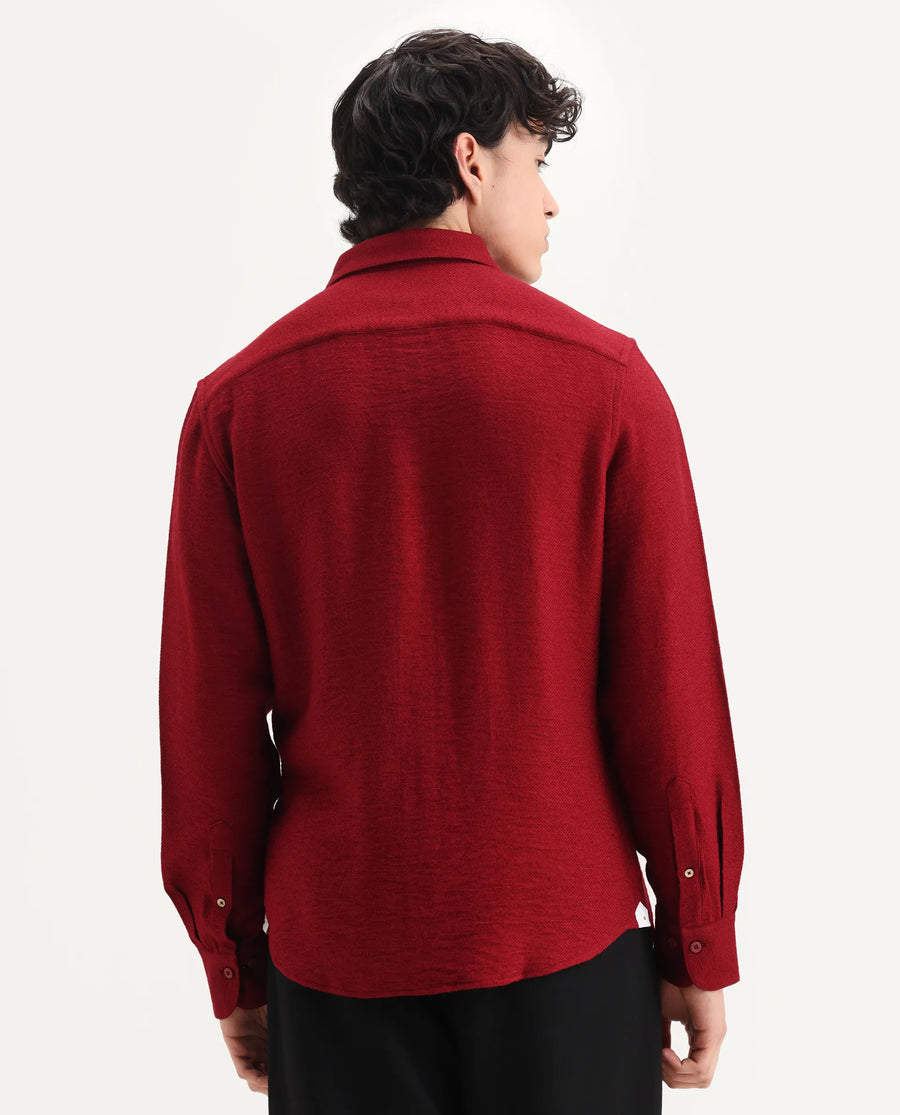 Rare Rabbit Men's Mulfir Red Viscose Blend Fabric Collared Neck Regular Fit Plain Shirt