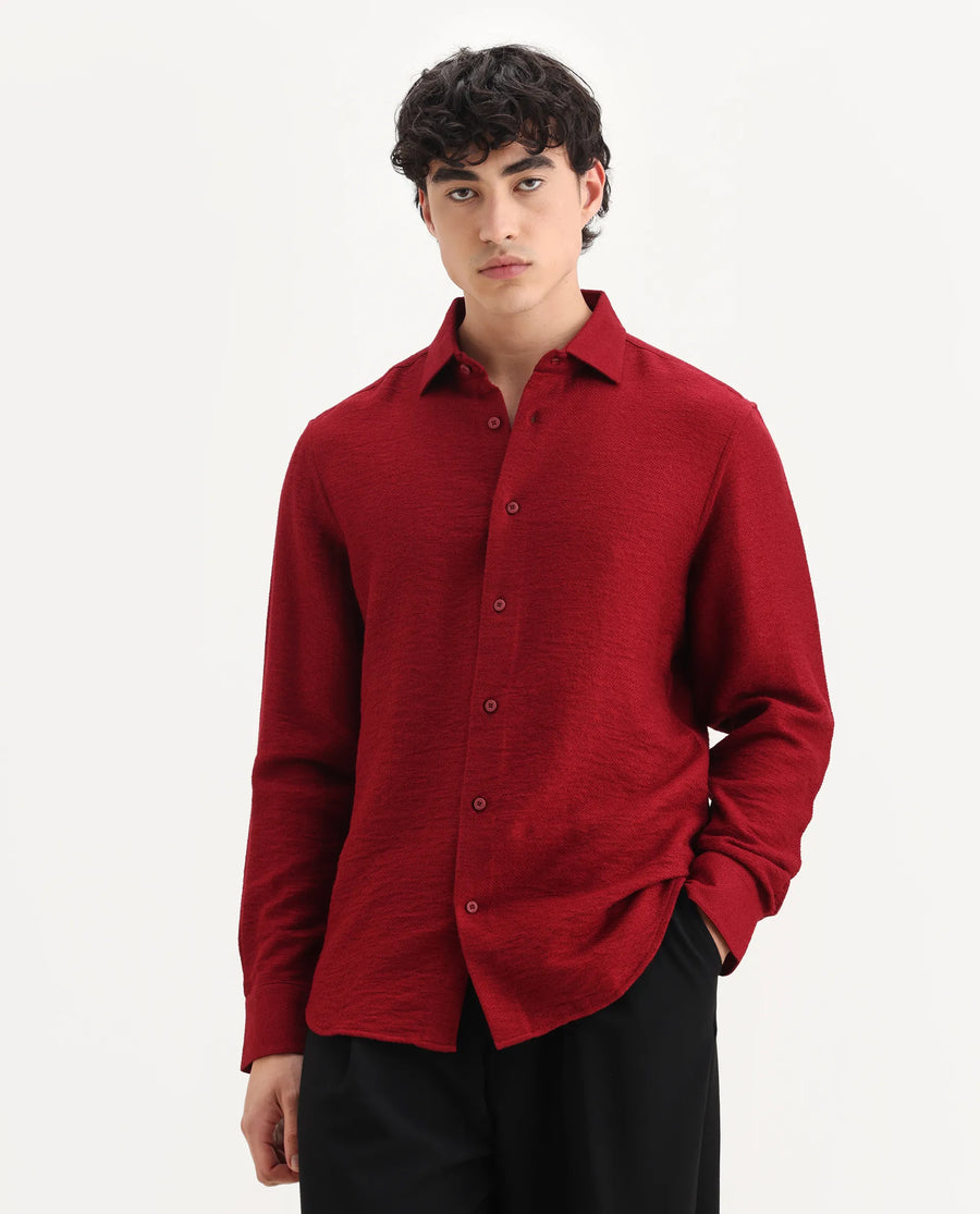 Rare Rabbit Men's Mulfir Red Viscose Blend Fabric Collared Neck Regular Fit Plain Shirt