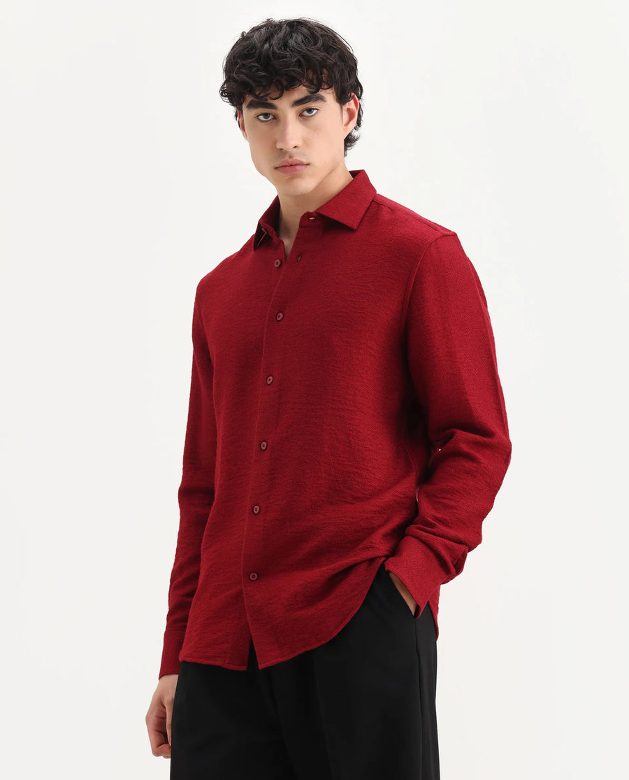 Rare Rabbit Men's Mulfir Red Viscose Blend Fabric Collared Neck Regular Fit Plain Shirt