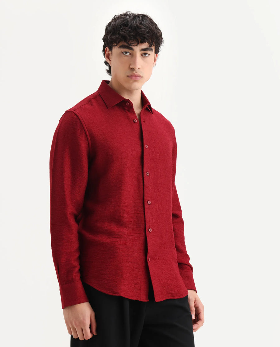 Rare Rabbit Men's Mulfir Red Viscose Blend Fabric Collared Neck Regular Fit Plain Shirt