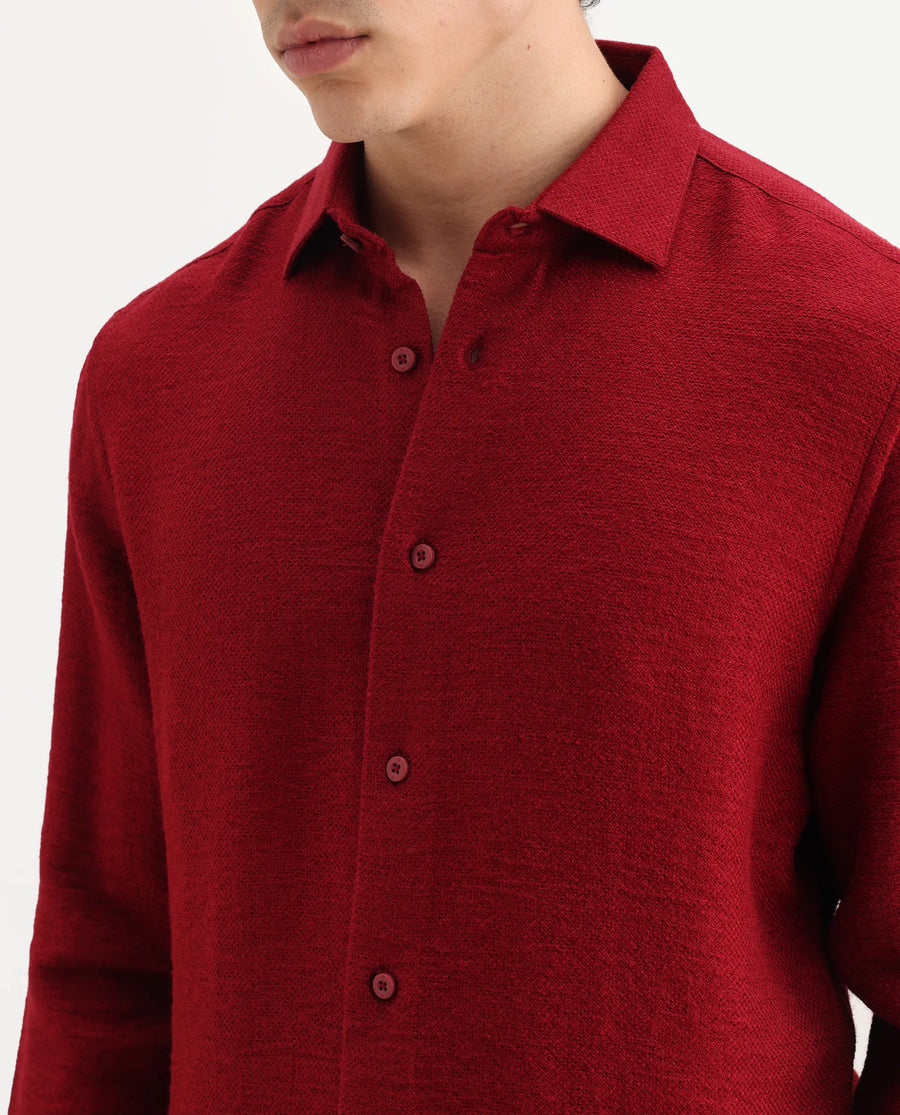 Rare Rabbit Men's Mulfir Red Viscose Blend Fabric Collared Neck Regular Fit Plain Shirt
