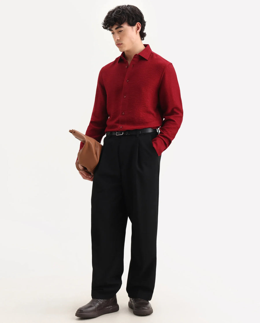 Rare Rabbit Men's Mulfir Red Viscose Blend Fabric Collared Neck Regular Fit Plain Shirt