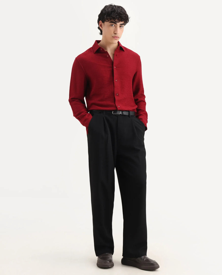 Rare Rabbit Men's Mulfir Red Viscose Blend Fabric Collared Neck Regular Fit Plain Shirt