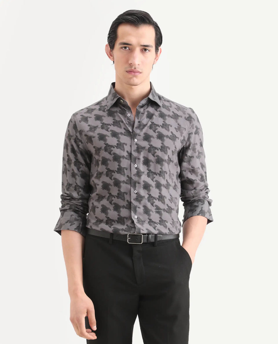 Rare Rabbit Men's Munes Dark Grey Viscose Fabric Collared Neck Regular Geometric Print Shirt