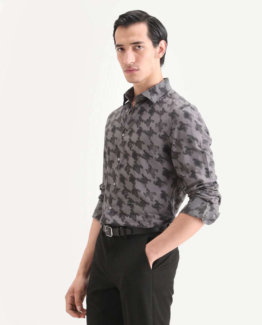 Rare Rabbit Men's Munes Dark Grey Viscose Fabric Collared Neck Regular Geometric Print Shirt