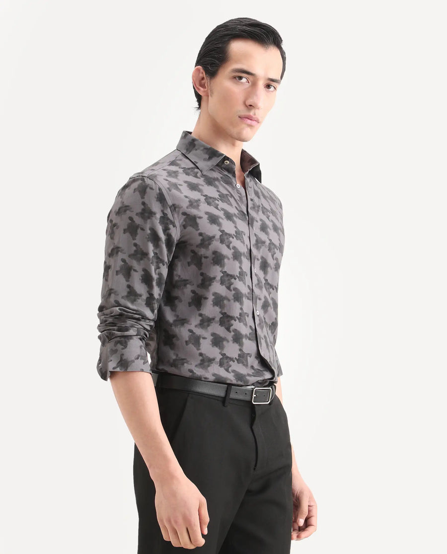 Rare Rabbit Men's Munes Dark Grey Viscose Fabric Collared Neck Regular Geometric Print Shirt