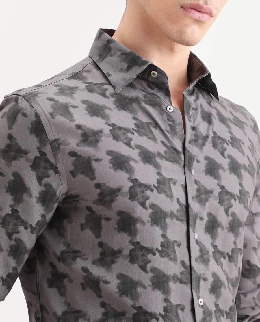 Rare Rabbit Men's Munes Dark Grey Viscose Fabric Collared Neck Regular Geometric Print Shirt
