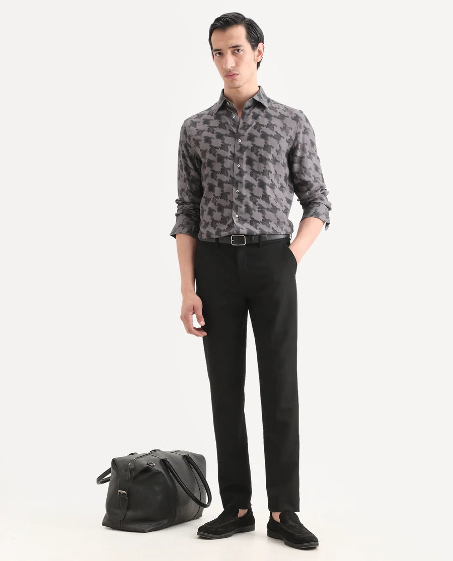 Rare Rabbit Men's Munes Dark Grey Viscose Fabric Collared Neck Regular Geometric Print Shirt
