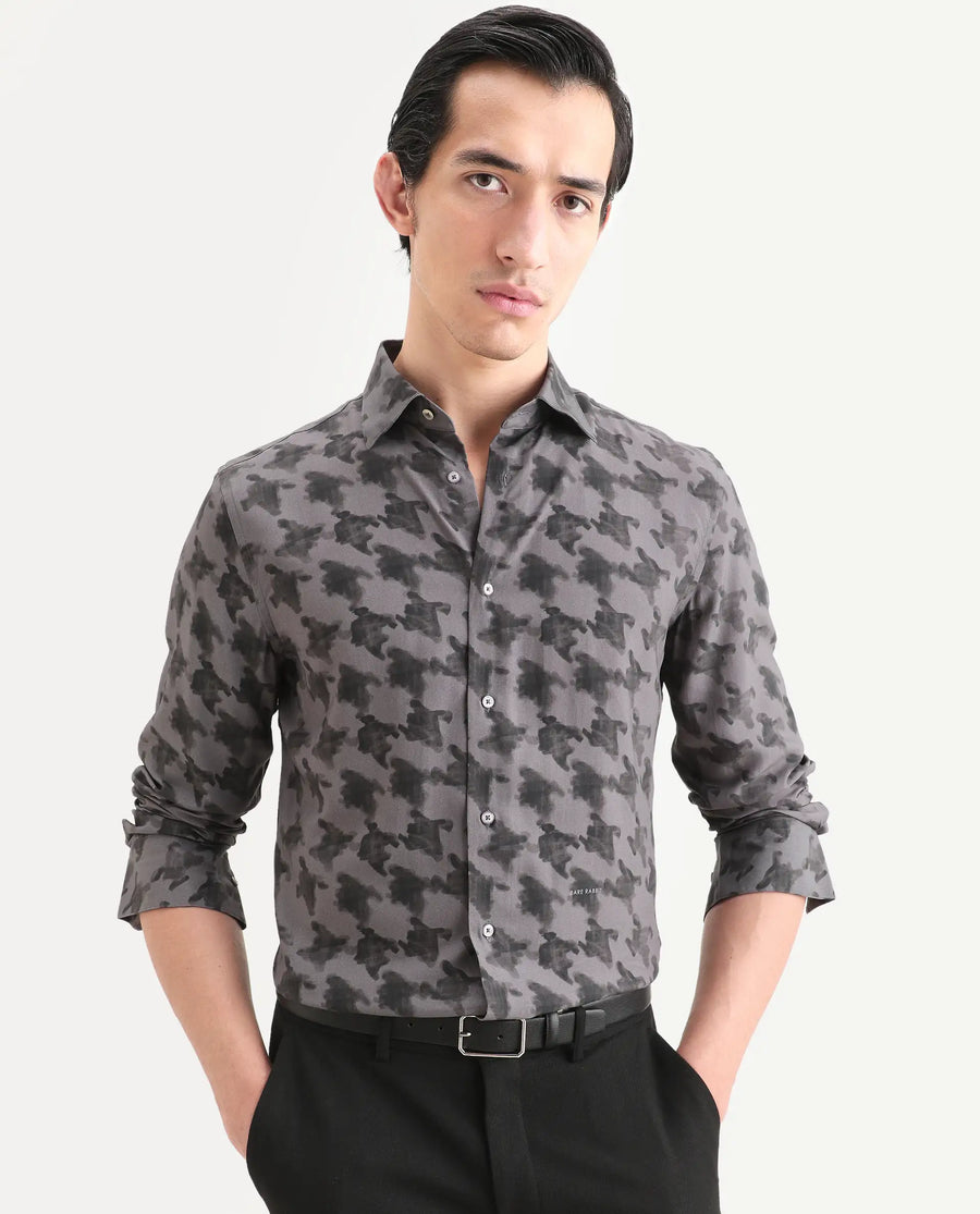 Rare Rabbit Men's Munes Dark Grey Viscose Fabric Collared Neck Regular Geometric Print Shirt