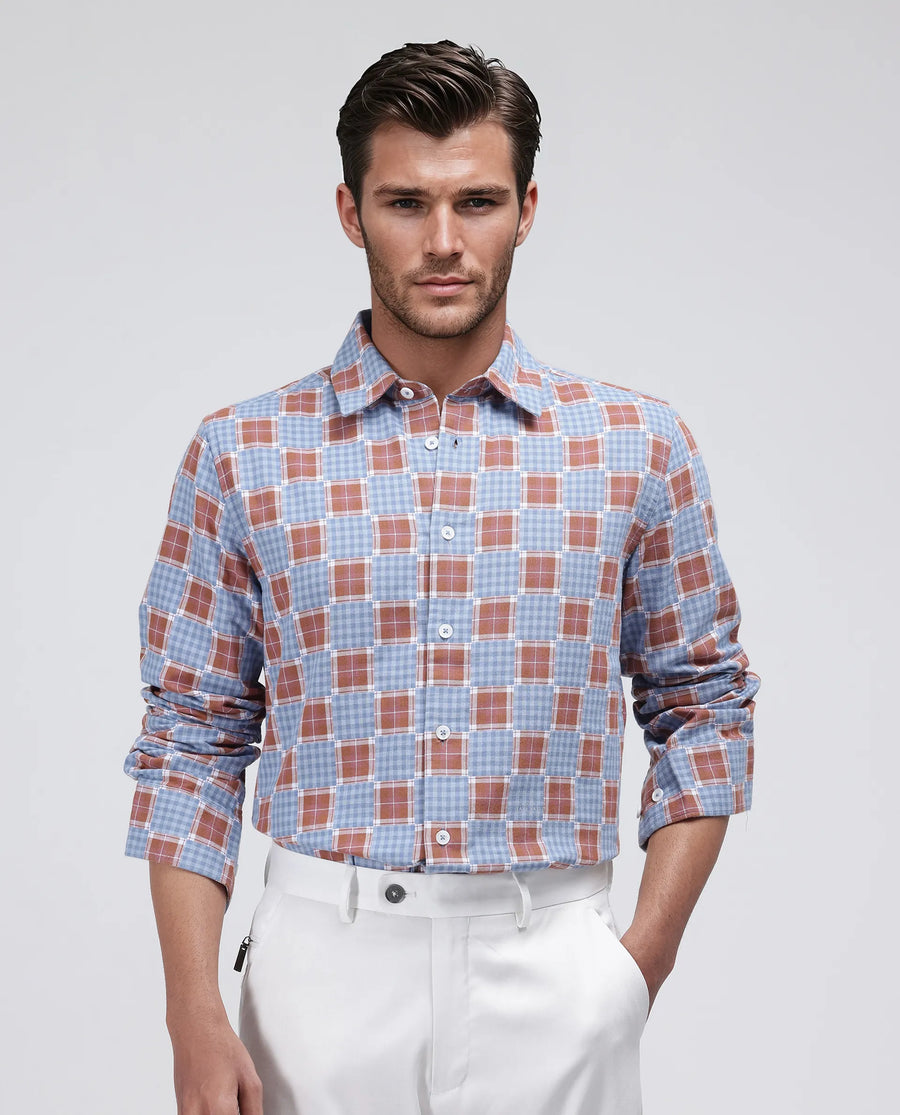 Rare Rabbit Men's Murcia Blue Cotton Checked Print Relaxed Fit Full Sleeve Collared Shirt