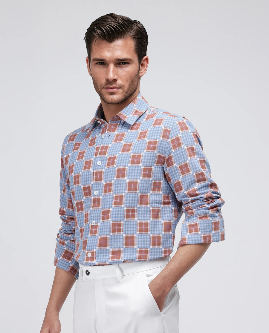 Rare Rabbit Men's Murcia Blue Cotton Checked Print Relaxed Fit Full Sleeve Collared Shirt