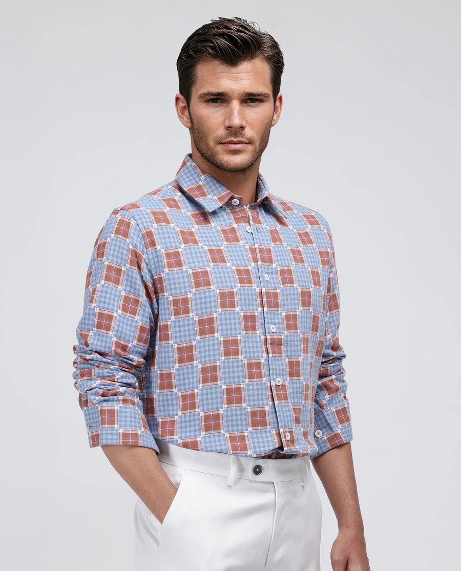 Rare Rabbit Men's Murcia Blue Cotton Checked Print Relaxed Fit Full Sleeve Collared Shirt