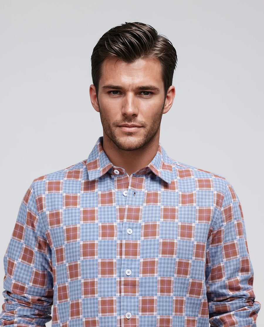 Rare Rabbit Men's Murcia Blue Cotton Checked Print Relaxed Fit Full Sleeve Collared Shirt