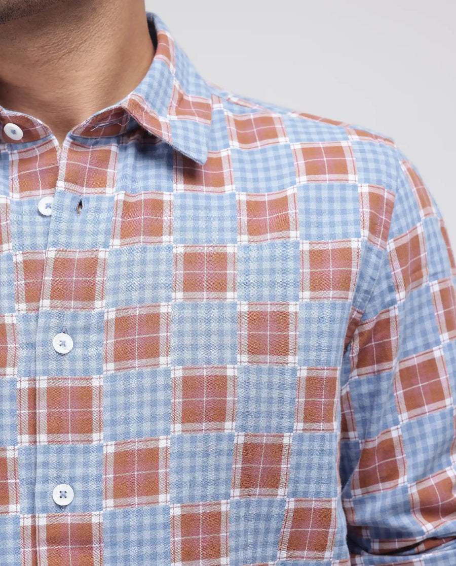 Rare Rabbit Men's Murcia Blue Cotton Checked Print Relaxed Fit Full Sleeve Collared Shirt