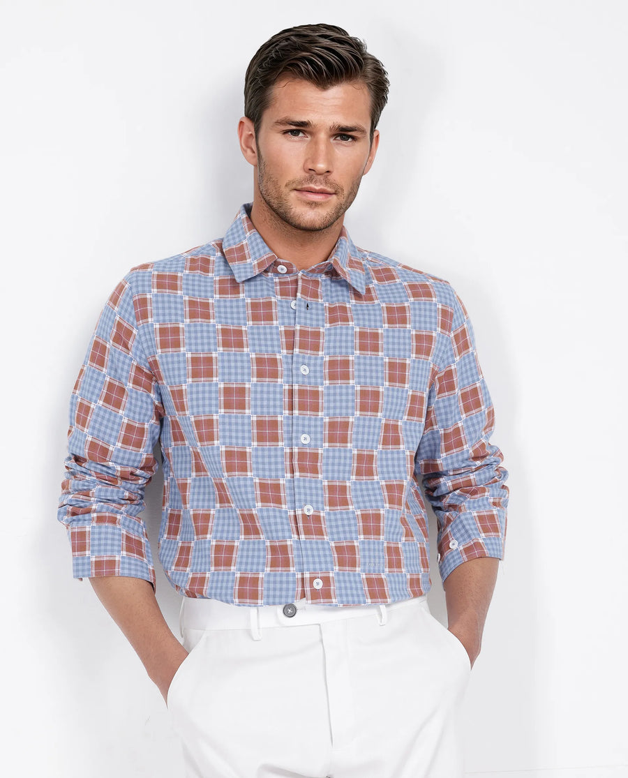 Rare Rabbit Men's Murcia Blue Cotton Checked Print Relaxed Fit Full Sleeve Collared Shirt
