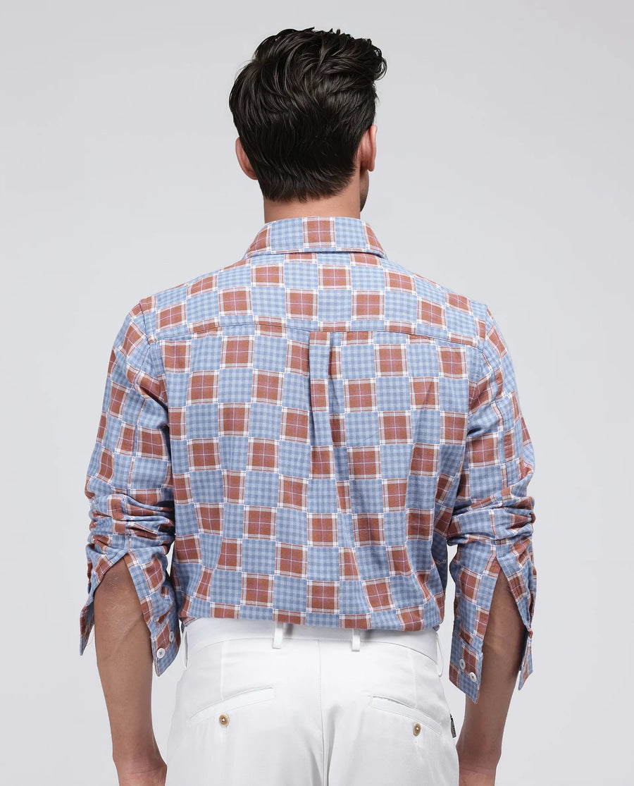 Rare Rabbit Men's Murcia Blue Cotton Checked Print Relaxed Fit Full Sleeve Collared Shirt