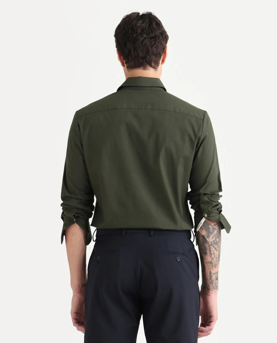Rare Rabbit Men's Murp Olive Polyester Blend Plain Regular Fit Full Sleeve Collared Shirt