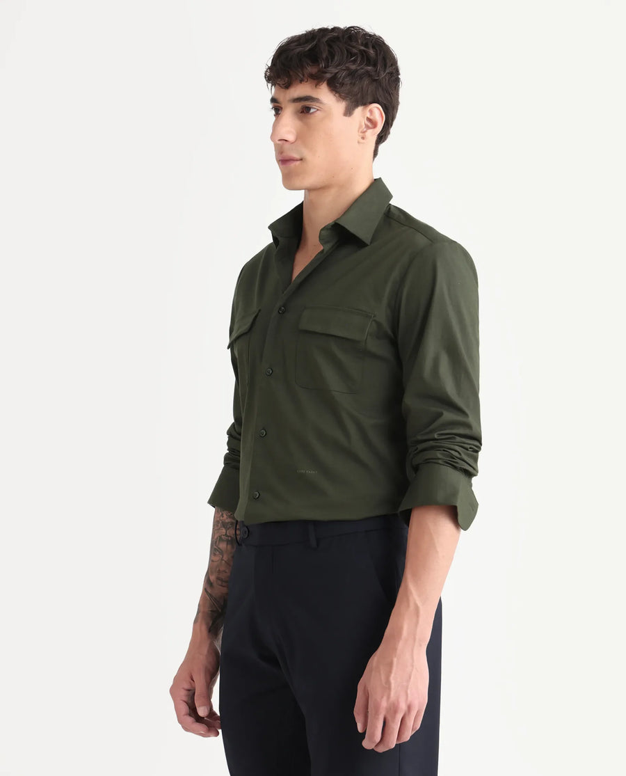 Rare Rabbit Men's Murp Olive Polyester Blend Plain Regular Fit Full Sleeve Collared Shirt