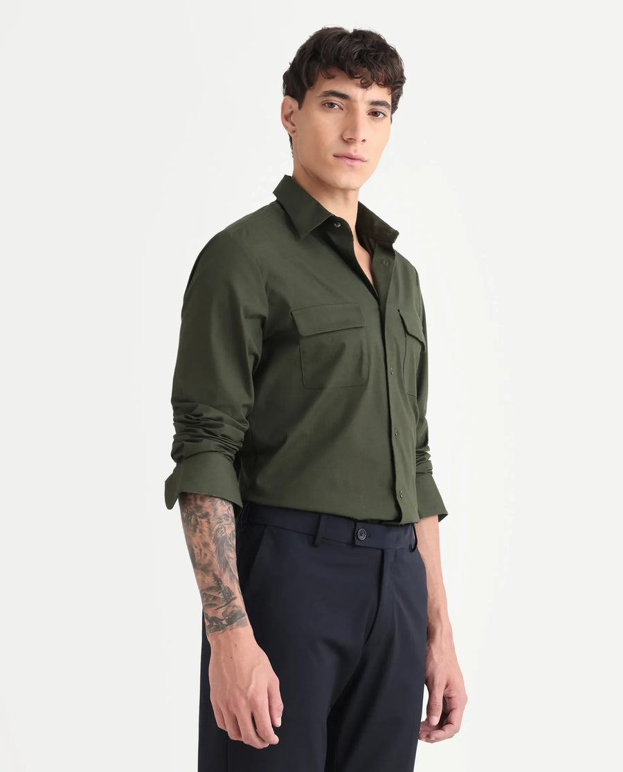 Rare Rabbit Men's Murp Olive Polyester Blend Plain Regular Fit Full Sleeve Collared Shirt
