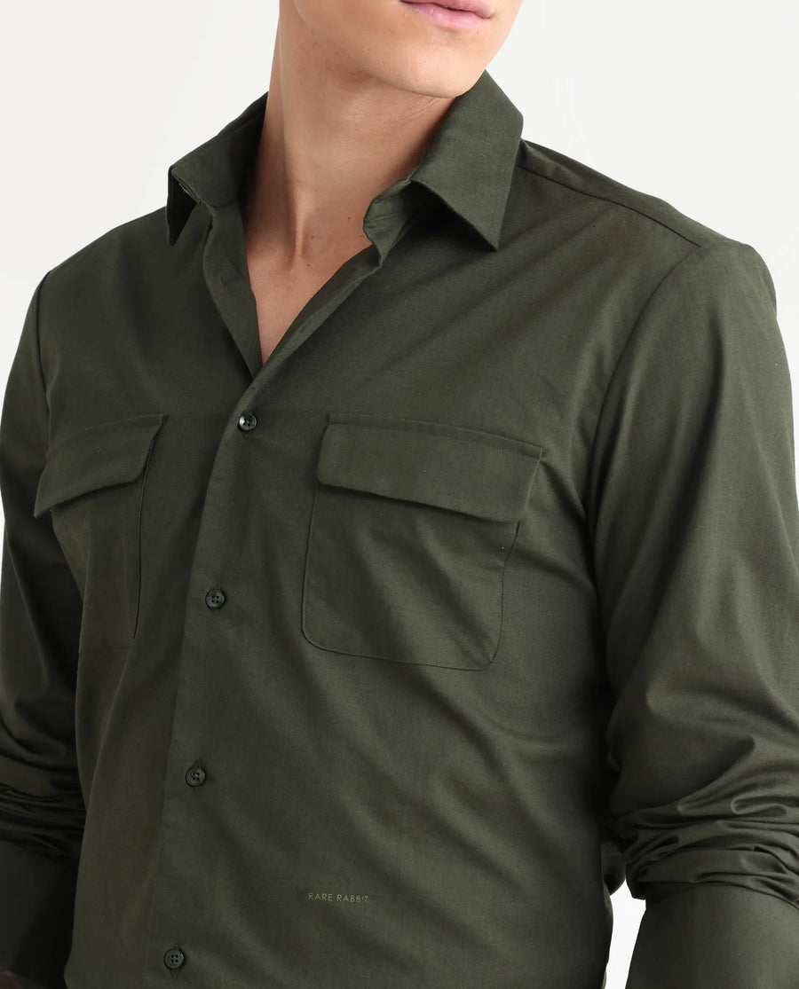 Rare Rabbit Men's Murp Olive Polyester Blend Plain Regular Fit Full Sleeve Collared Shirt