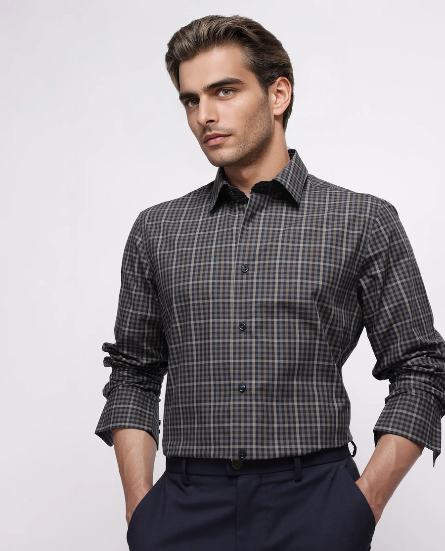 Rare Rabbit Men's Mito-1 Black Cotton Checked Print Regular Fit Full Sleeve Collared Shirt