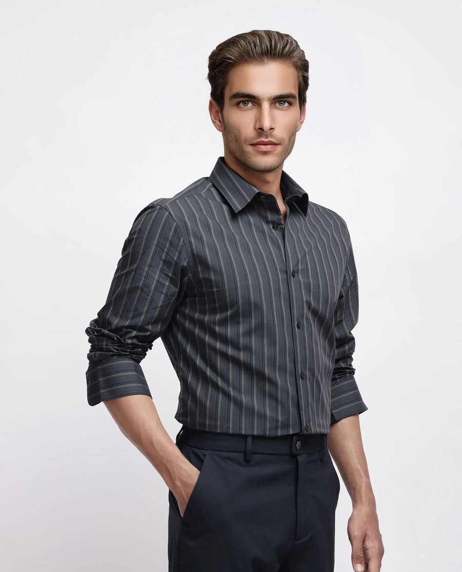 Rare Rabbit Men's Myro-3 Black Cotton Striped Print Regular Fit Full Sleeve Collared Shirt