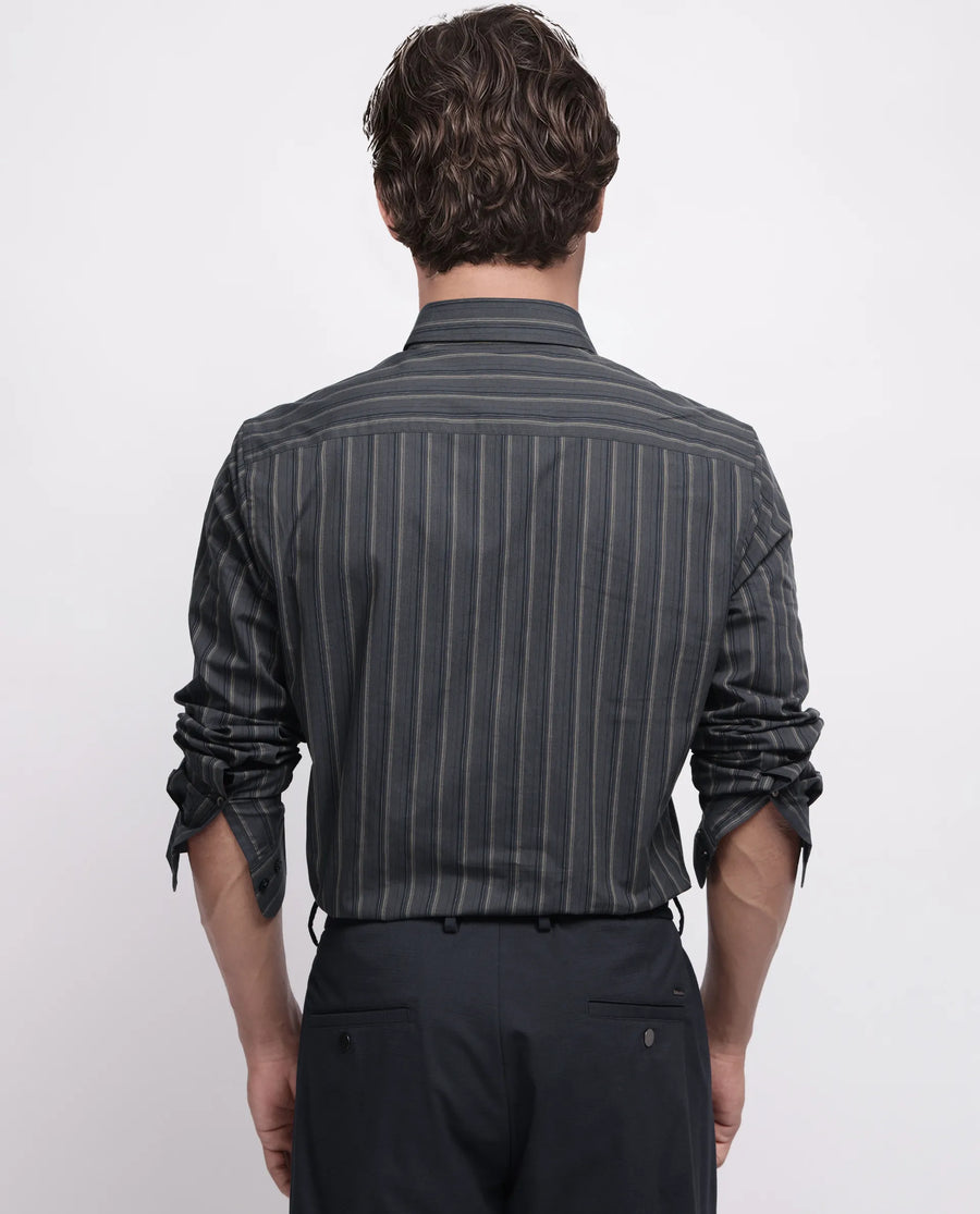 Rare Rabbit Men's Myro-3 Black Cotton Striped Print Regular Fit Full Sleeve Collared Shirt