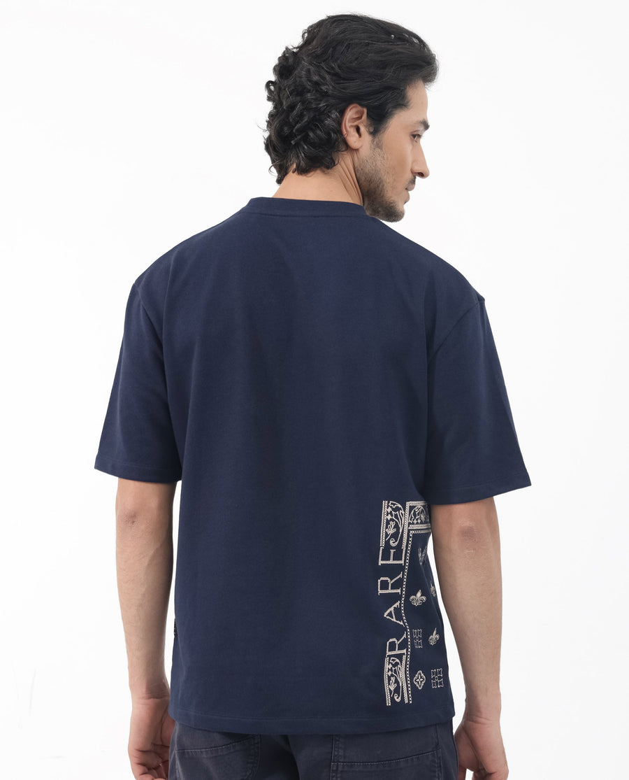 Rare Rabbit Men's Myro Navy Cotton Blend Embroidered Slim Fit Half Sleeve Crew Neck T-Shirt