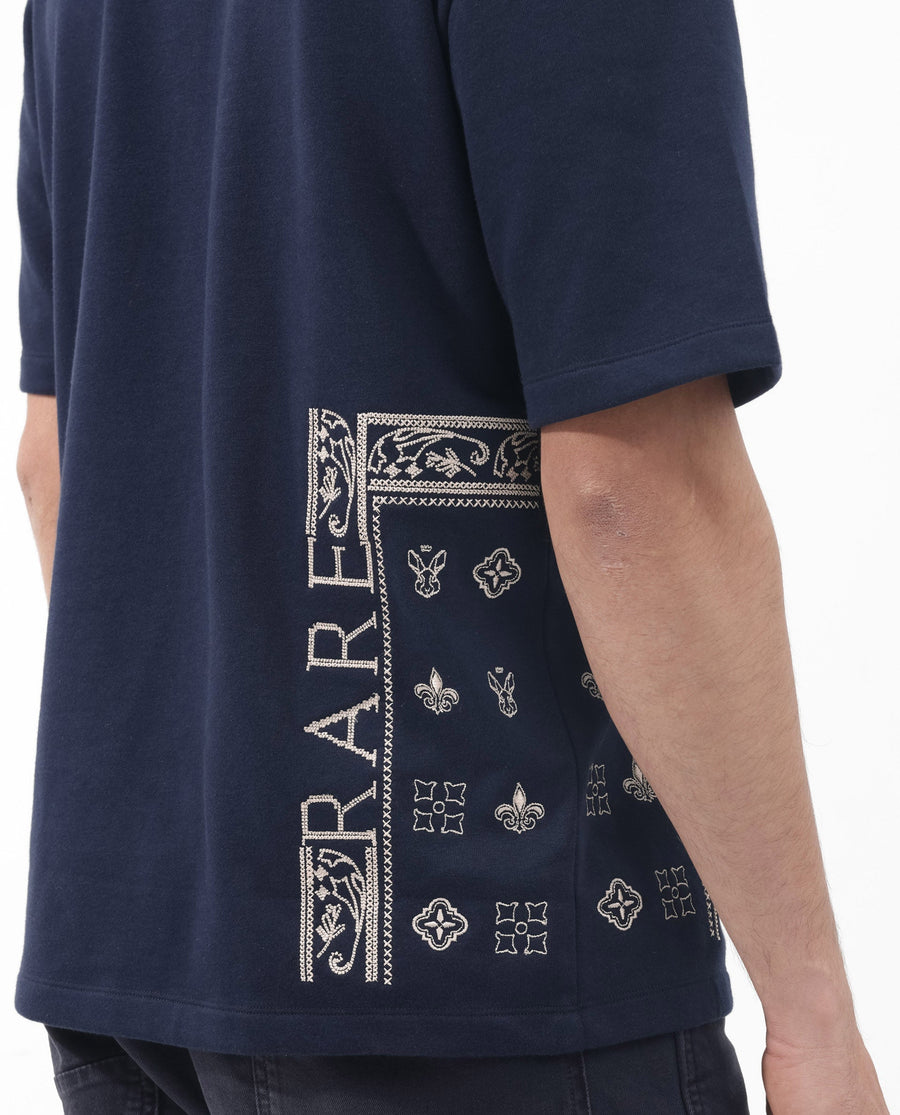 Rare Rabbit Men's Myro Navy Cotton Blend Embroidered Slim Fit Half Sleeve Crew Neck T-Shirt