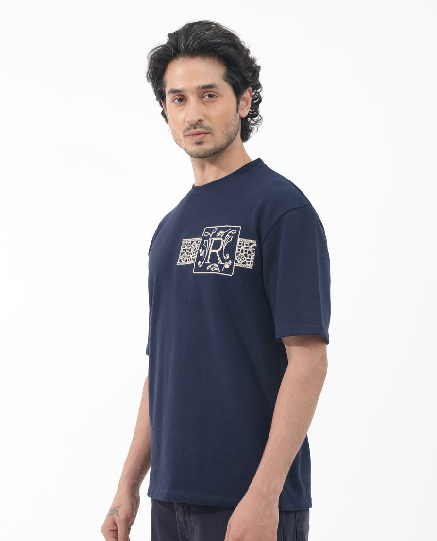 Rare Rabbit Men's Myro Navy Cotton Blend Embroidered Slim Fit Half Sleeve Crew Neck T-Shirt