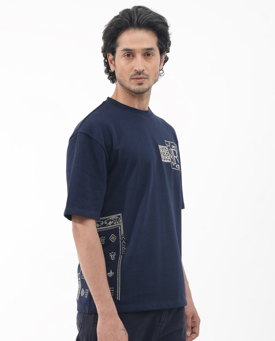 Rare Rabbit Men's Myro Navy Cotton Blend Embroidered Slim Fit Half Sleeve Crew Neck T-Shirt