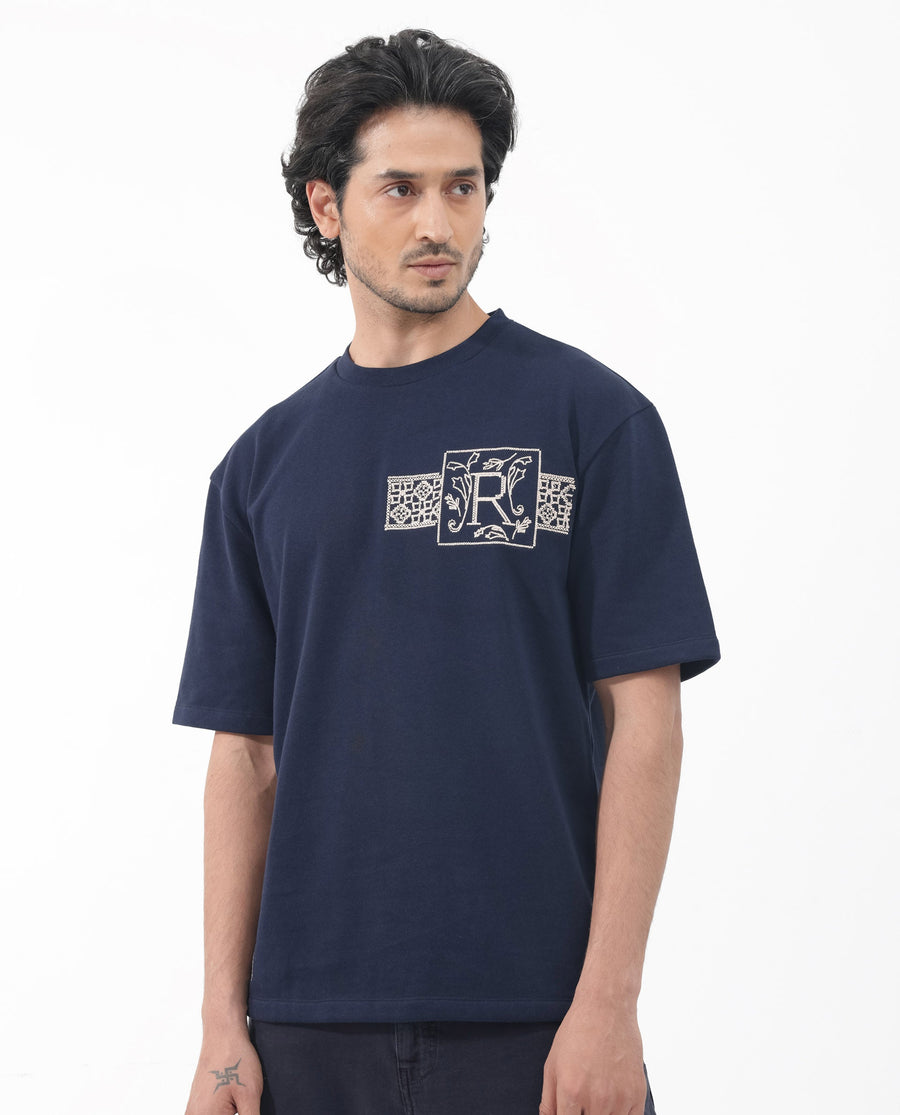 Rare Rabbit Men's Myro Navy Cotton Blend Embroidered Slim Fit Half Sleeve Crew Neck T-Shirt