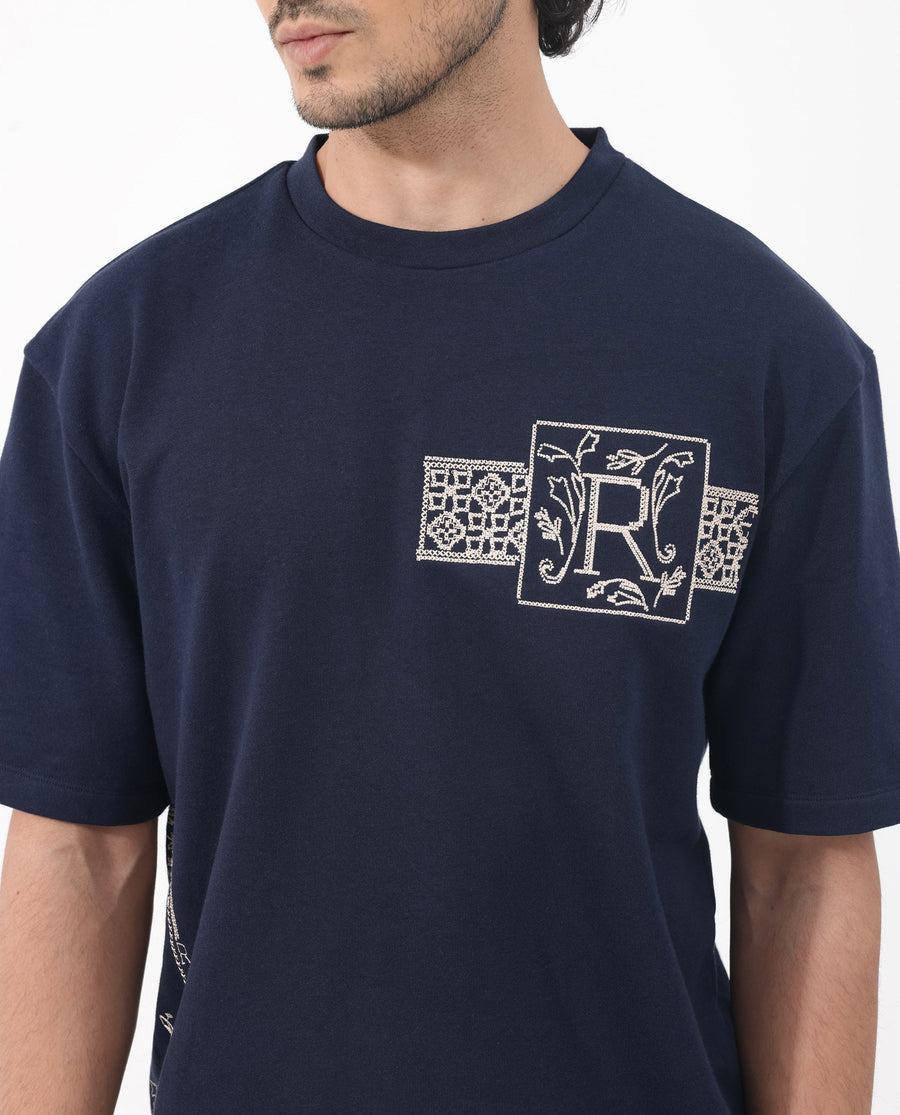Rare Rabbit Men's Myro Navy Cotton Blend Embroidered Slim Fit Half Sleeve Crew Neck T-Shirt