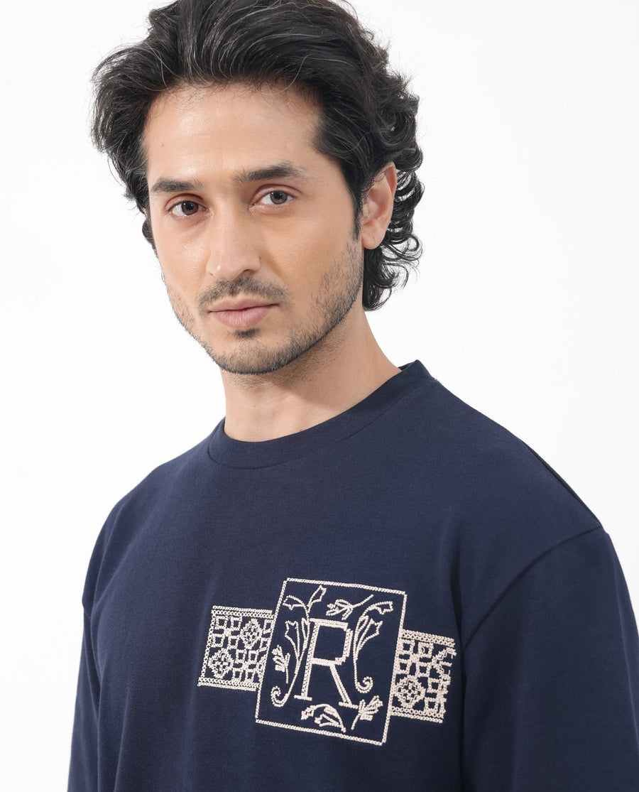 Rare Rabbit Men's Myro Navy Cotton Blend Embroidered Slim Fit Half Sleeve Crew Neck T-Shirt