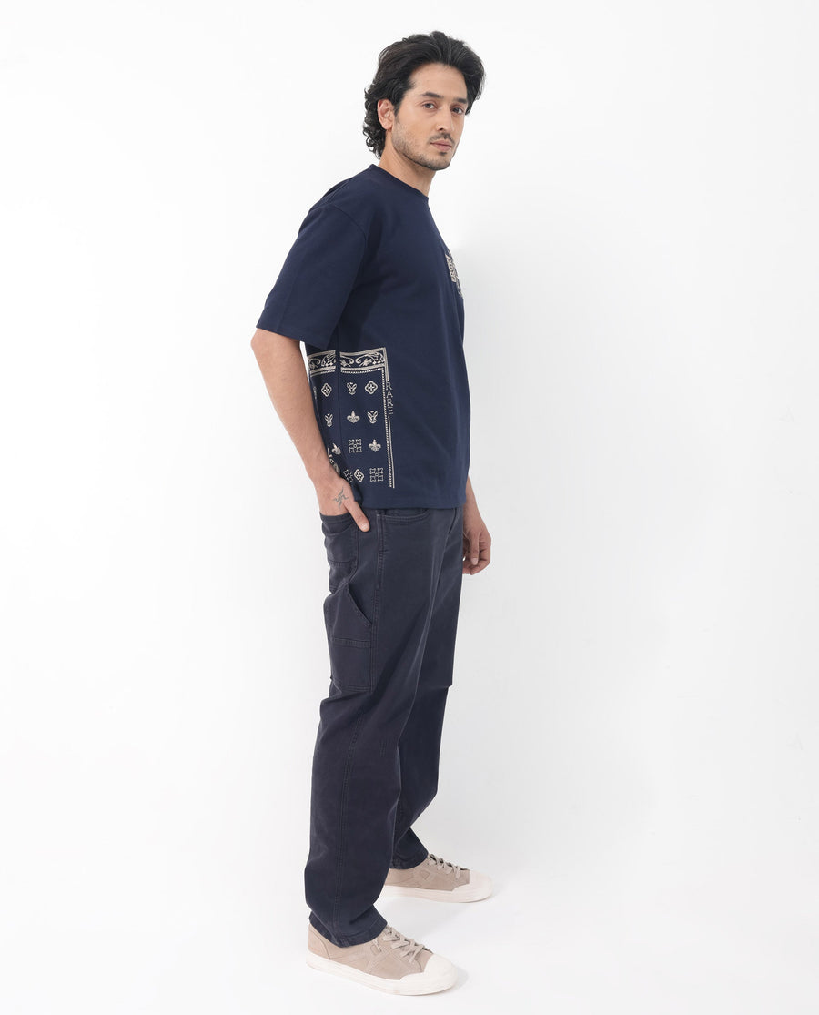 Rare Rabbit Men's Myro Navy Cotton Blend Embroidered Slim Fit Half Sleeve Crew Neck T-Shirt