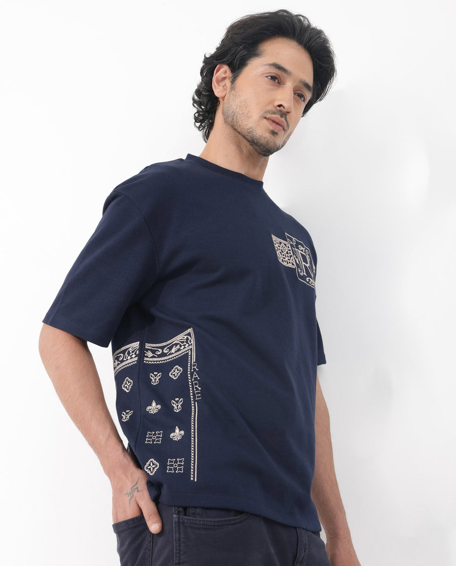 Rare Rabbit Men's Myro Navy Cotton Blend Embroidered Slim Fit Half Sleeve Crew Neck T-Shirt