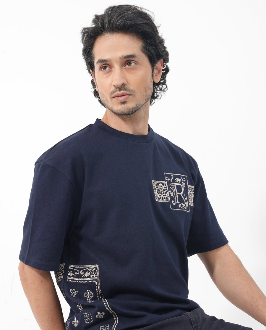 Rare Rabbit Men's Myro Navy Cotton Blend Embroidered Slim Fit Half Sleeve Crew Neck T-Shirt