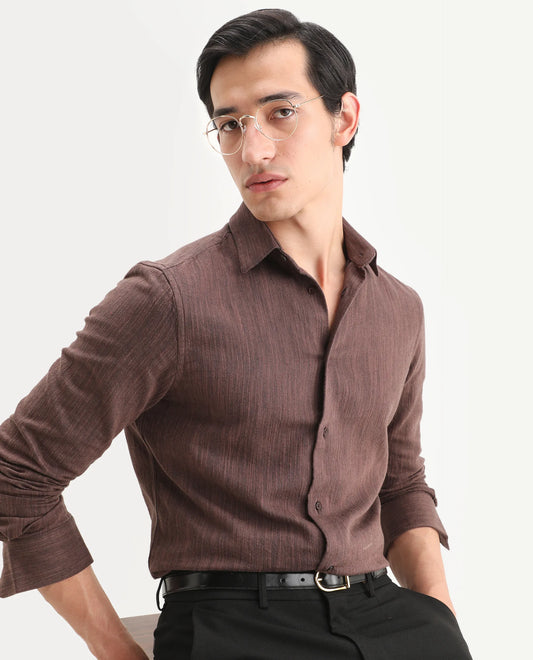 Rare Rabbit Men's Mysa Brown Cotton Fabric Spread Collar Regular Fit Textured Shirt