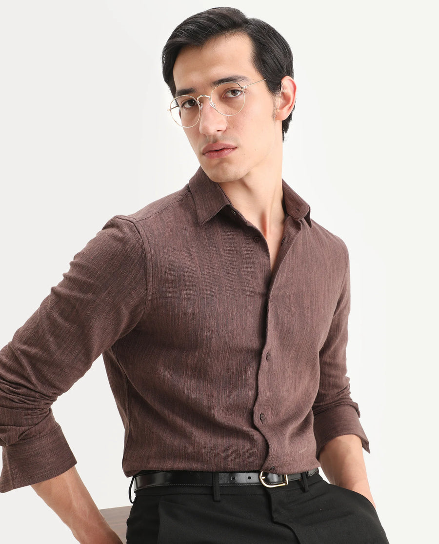 Rare Rabbit Men's Mysa Brown Cotton Fabric Spread Collar Regular Fit Textured Shirt