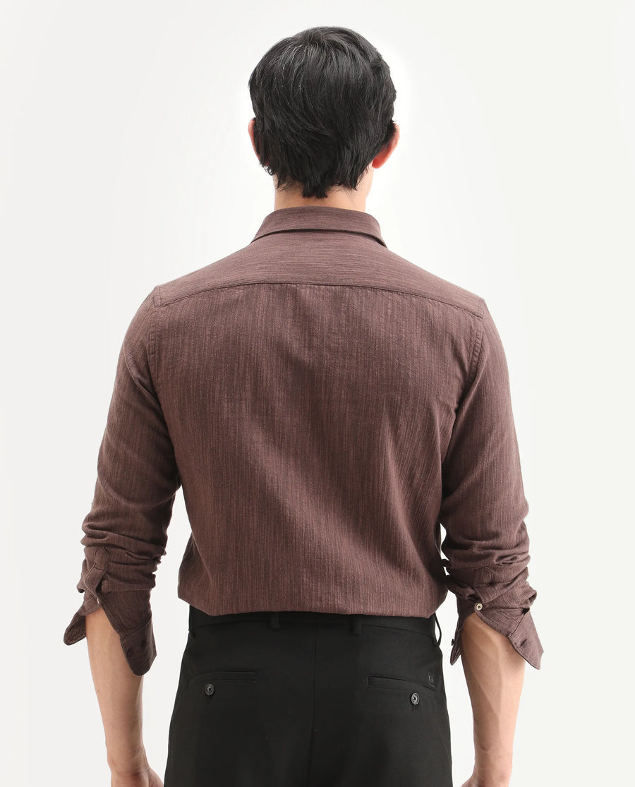 Rare Rabbit Men's Mysa Brown Cotton Fabric Spread Collar Regular Fit Textured Shirt