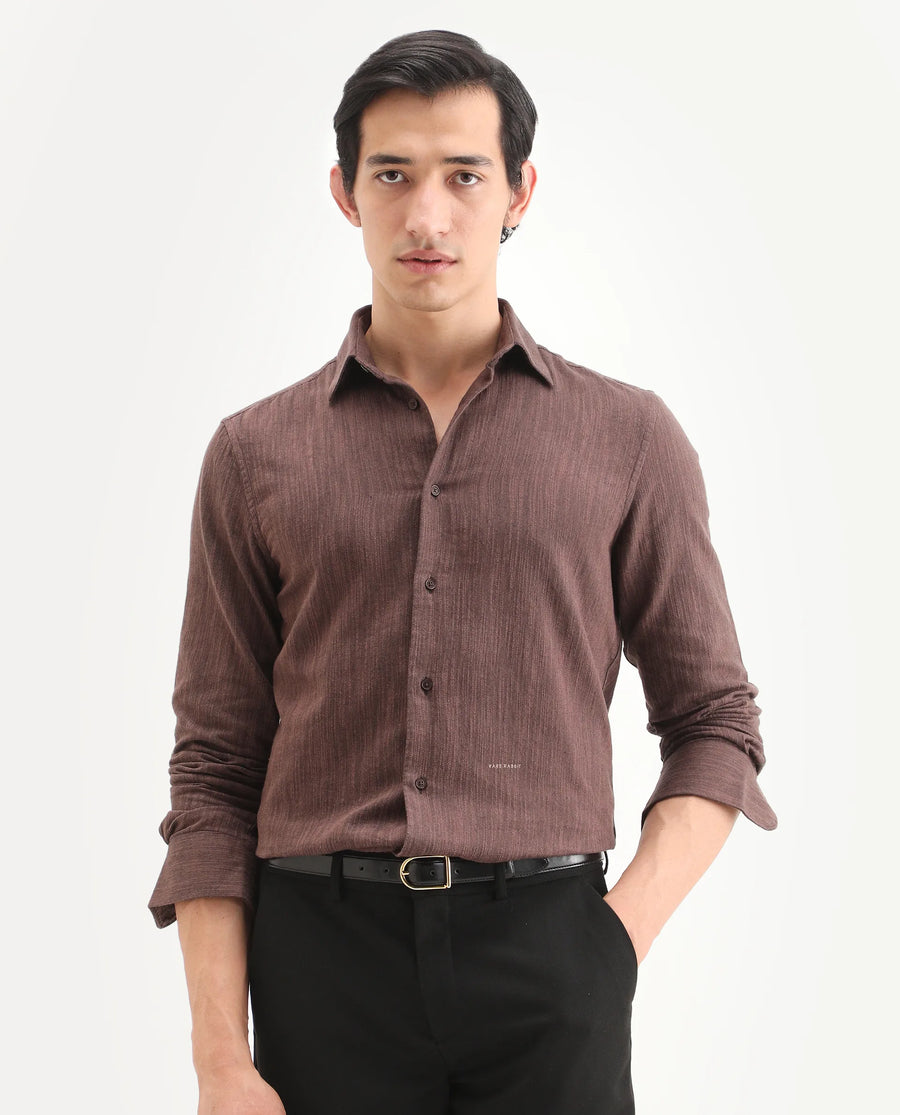 Rare Rabbit Men's Mysa Brown Cotton Fabric Spread Collar Regular Fit Textured Shirt